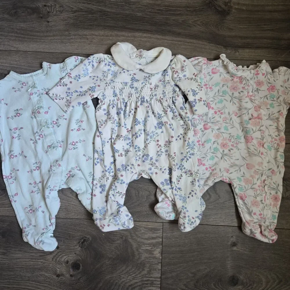 Little Me Newborn Girl NB 3Pc Lot Pima Cotton Floral Footie Sleeper Romper Set